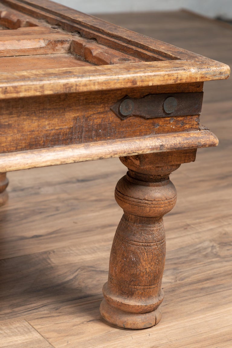 Antique Wooden Indian Palace Door Made into Coffee Table with Iron