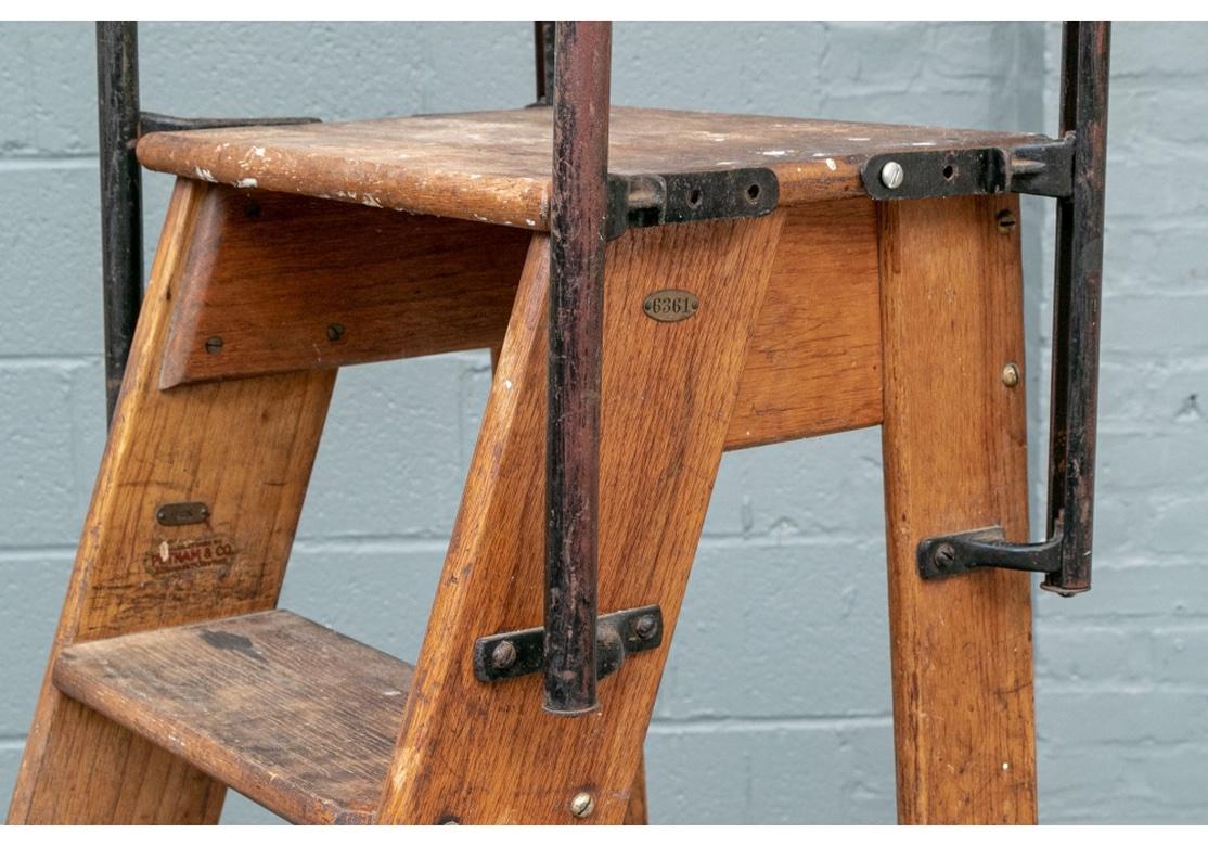 Antique Wooden Industrial Ladder with Iron Handles by Putnam & Co., New York No In Good Condition In Bridgeport, CT