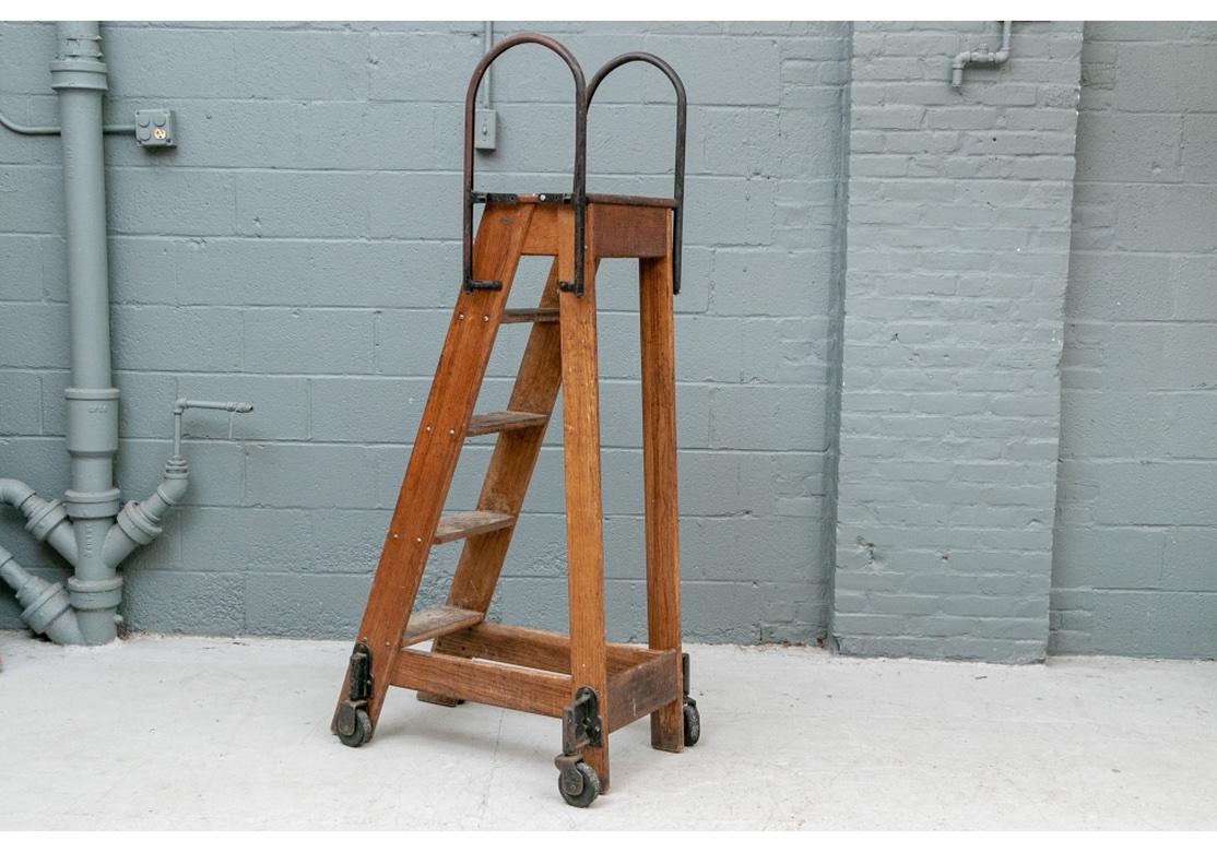 Antique Wooden Industrial Ladder with Iron Handles by Putnam & Co., New York No 3