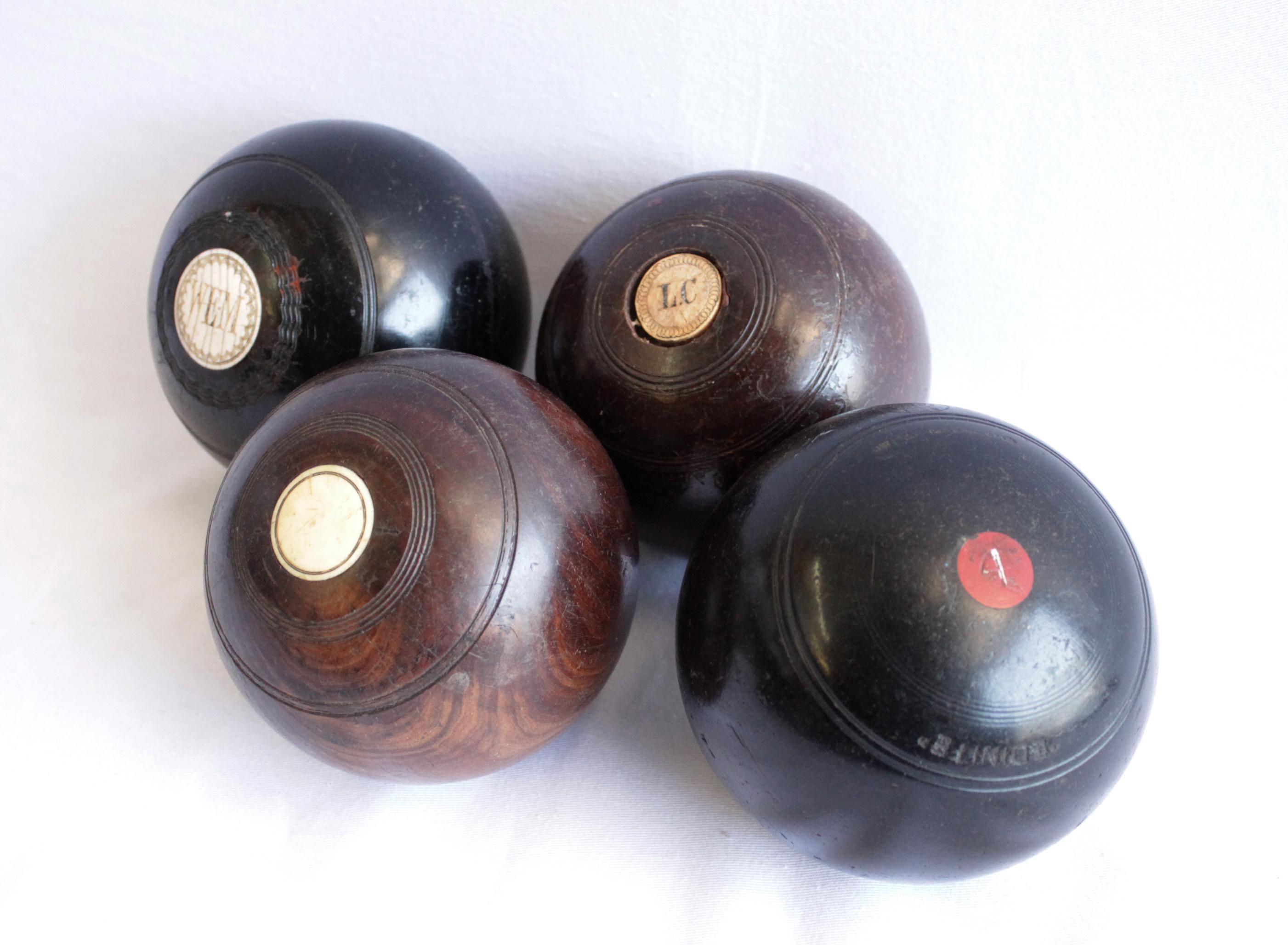 Antique wooden lawn bowling balls with monograms
These are not a set, but look great together on display.
Antique lawn bowling balls from London,
circa 1800-1900s
Approximate dimension: 5