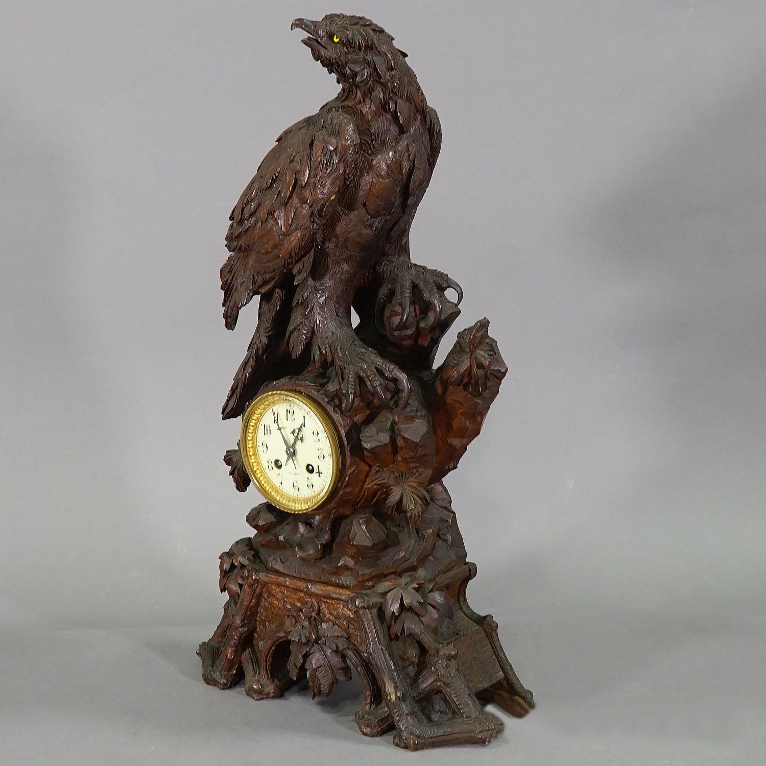 Carved Antique Wooden Mantel Clock with Eagle, Swiss 1900 For Sale