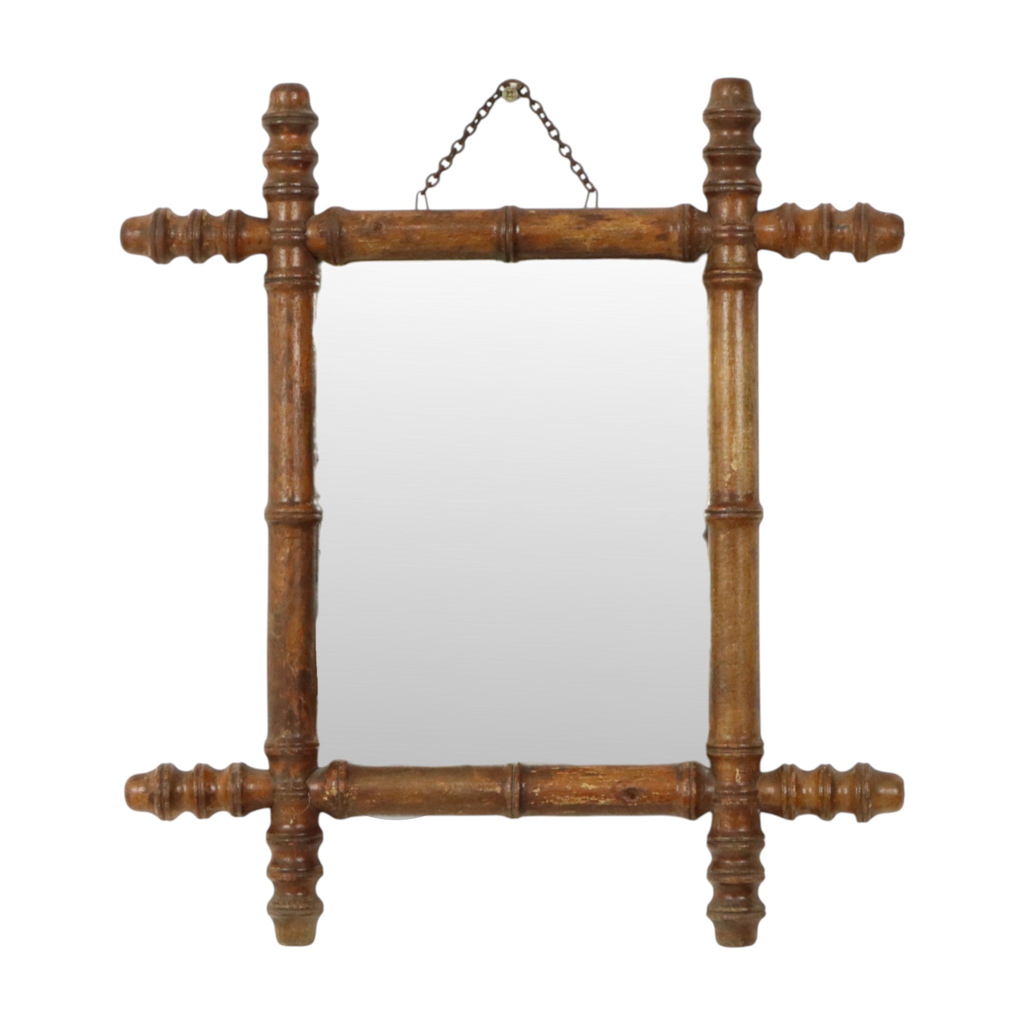 Antique Wooden Mirror Faux Bamboo Chinoiserie 44x39cm For Sale