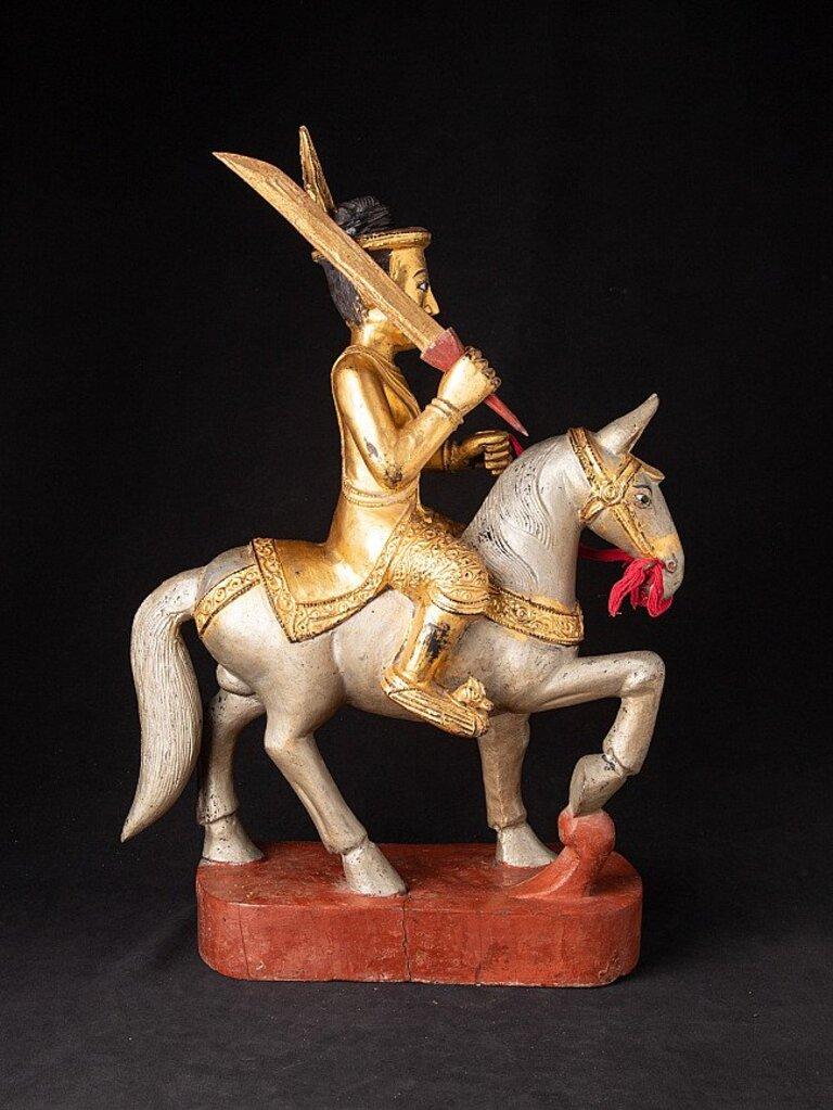19th Century Antique Wooden Nat Statue on Horse from Burma For Sale