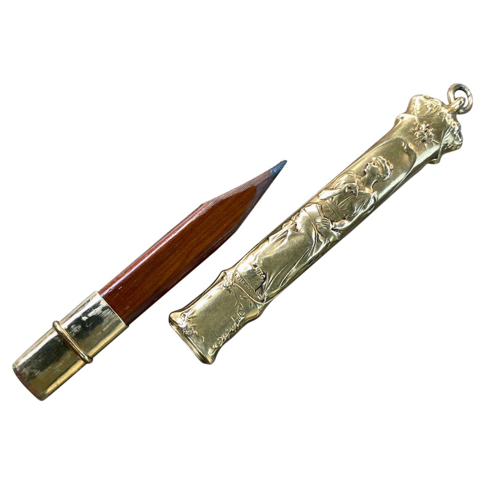 Portalápices Antiguo de Madera Art Nouveau Dorado Adorno Floral Corporal Femenino