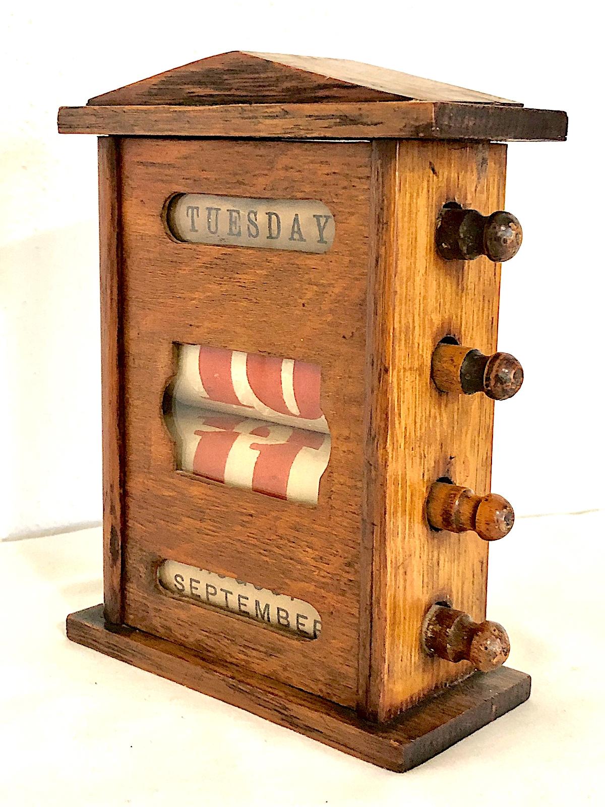 American Craftsman Antique Wooden Scrolling Desk Calendar Keeps Time Perpetually For Sale