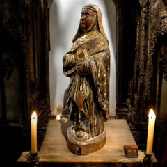 Antique Wooden Sculpture of a Female Saint, 17th Century