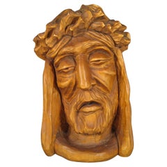 Antique Wooden Sculpture of Christ's Head with Crown of Thorns -1Y94