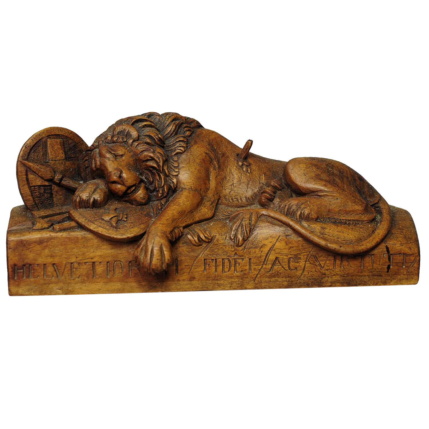 Antique Wooden Sculpture of the Lion of Lucerne