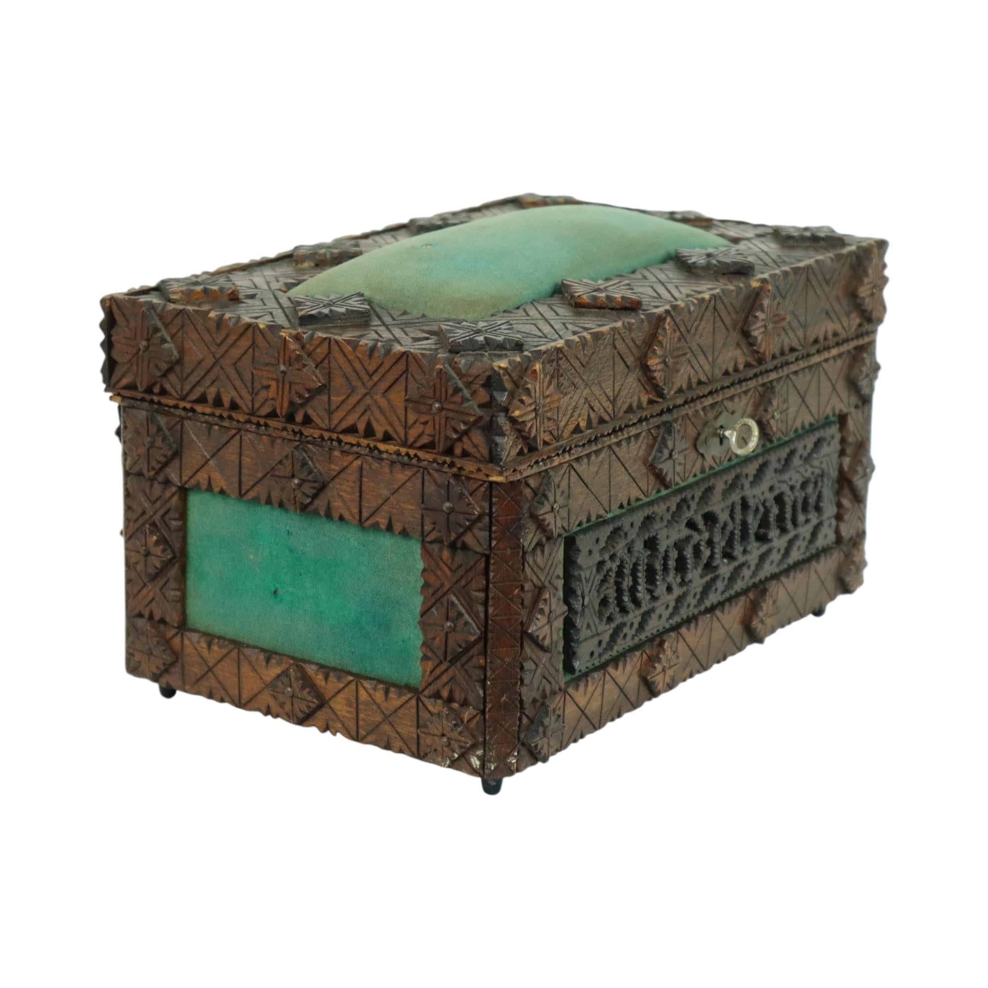 French Antique Wooden Sewing Box Tramp Art Folk Art Unique Piece 1928 For Sale
