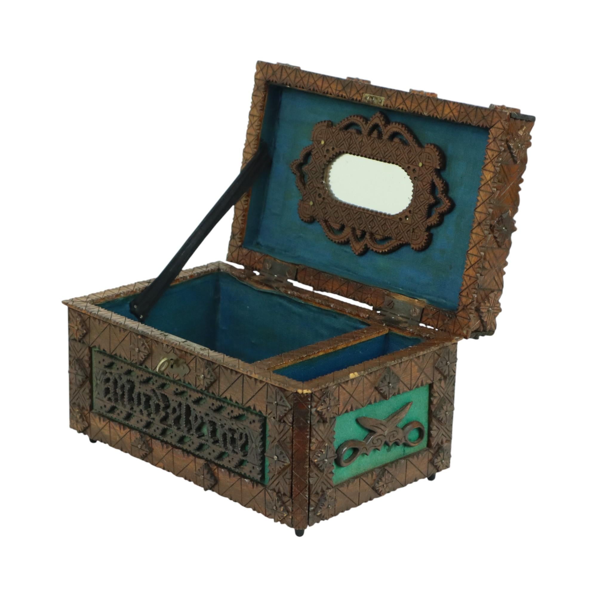 Hand-Carved Antique Wooden Sewing Box Tramp Art Folk Art Unique Piece 1928 For Sale