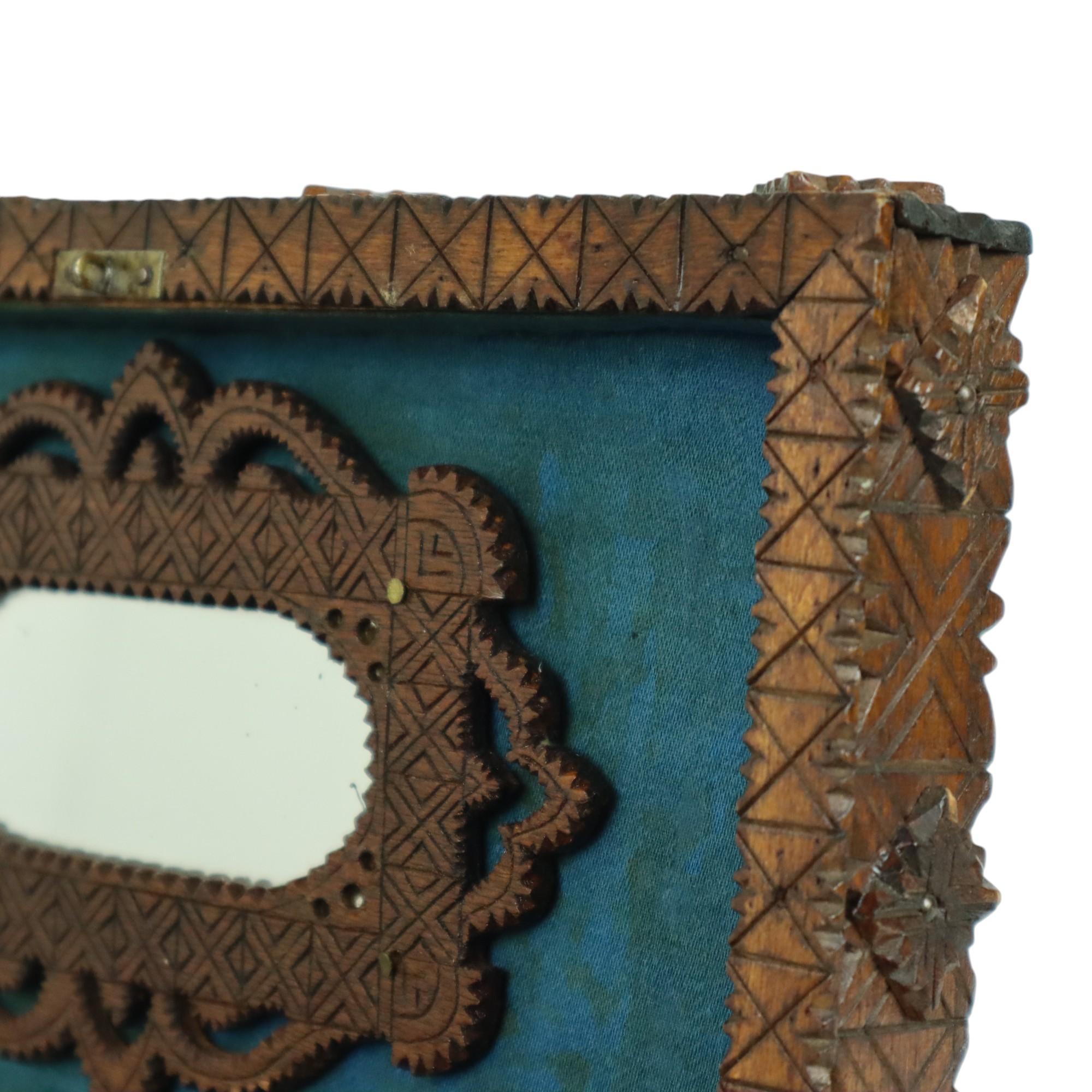 Antique Wooden Sewing Box Tramp Art Folk Art Unique Piece 1928 In Fair Condition For Sale In Poperinge, BE