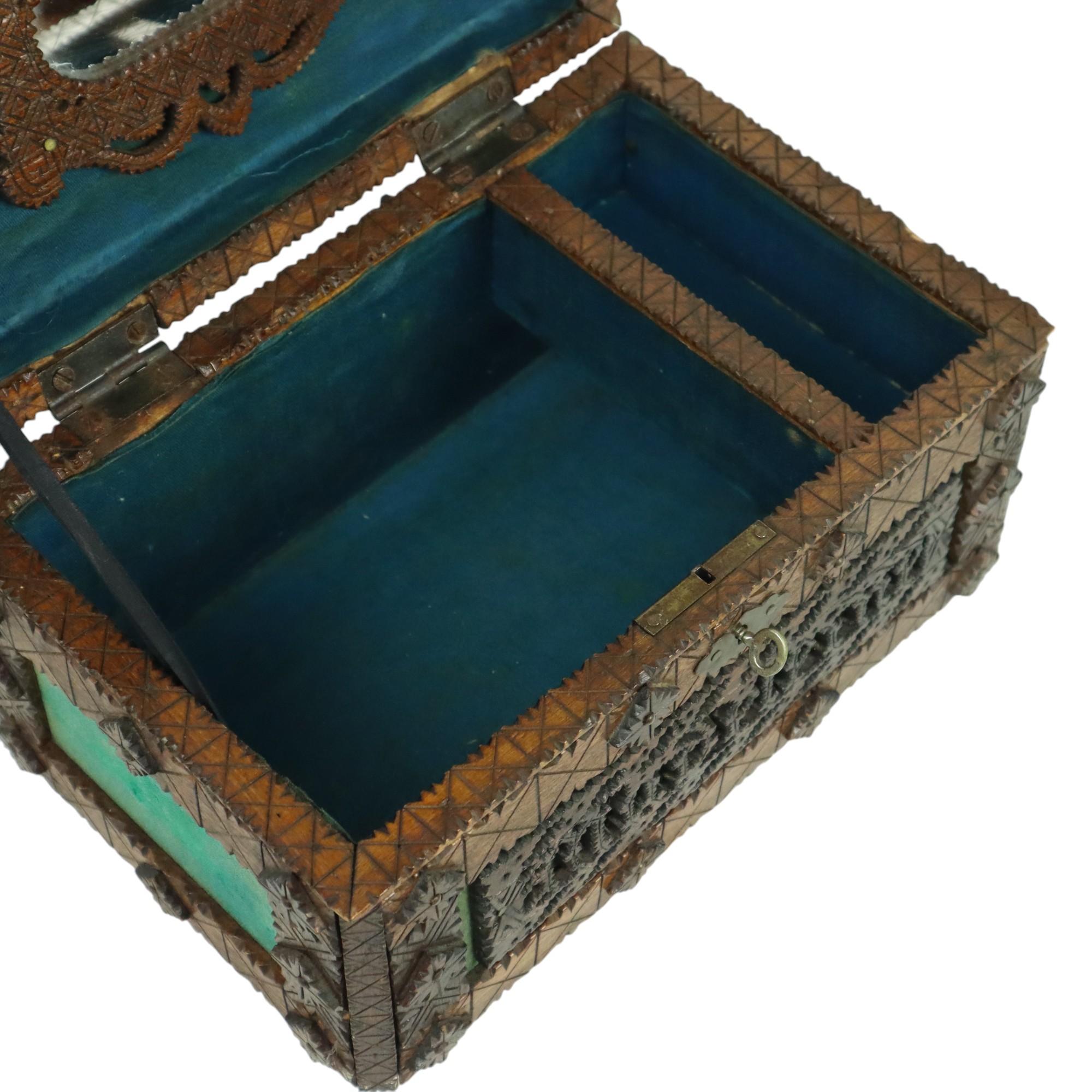 Early 20th Century Antique Wooden Sewing Box Tramp Art Folk Art Unique Piece 1928 For Sale