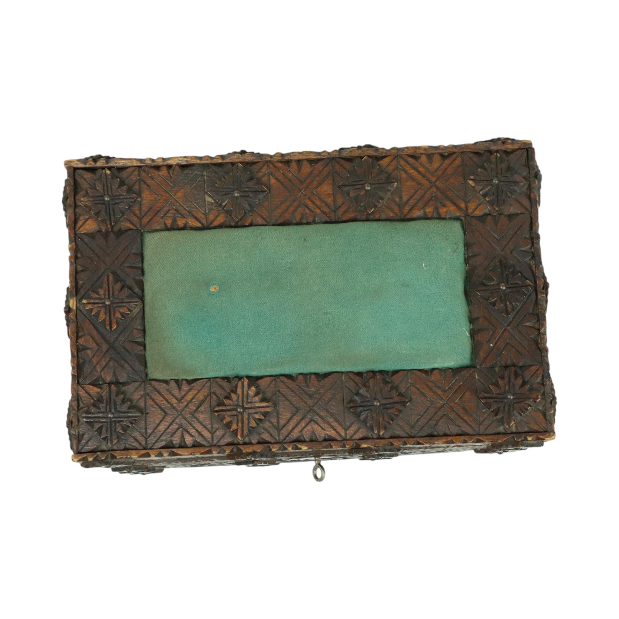 Reclaimed Wood Antique Wooden Sewing Box Tramp Art Folk Art Unique Piece 1928 For Sale