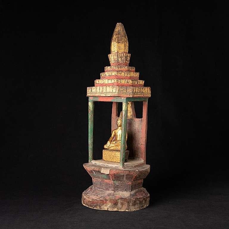 Material: wood
73,3 cm high 
20,5 cm wide and 21 cm deep
Weight: 4.4 kgs
The Buddha is 21 cm high
Bhumisparsha mudra
Originating from Laos
The shrine dates from the 18th century - the Buddha from the 19th century.
 