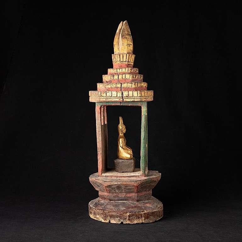 18th Century Antique Wooden Shine with Buddha Statue from Laos from Laos