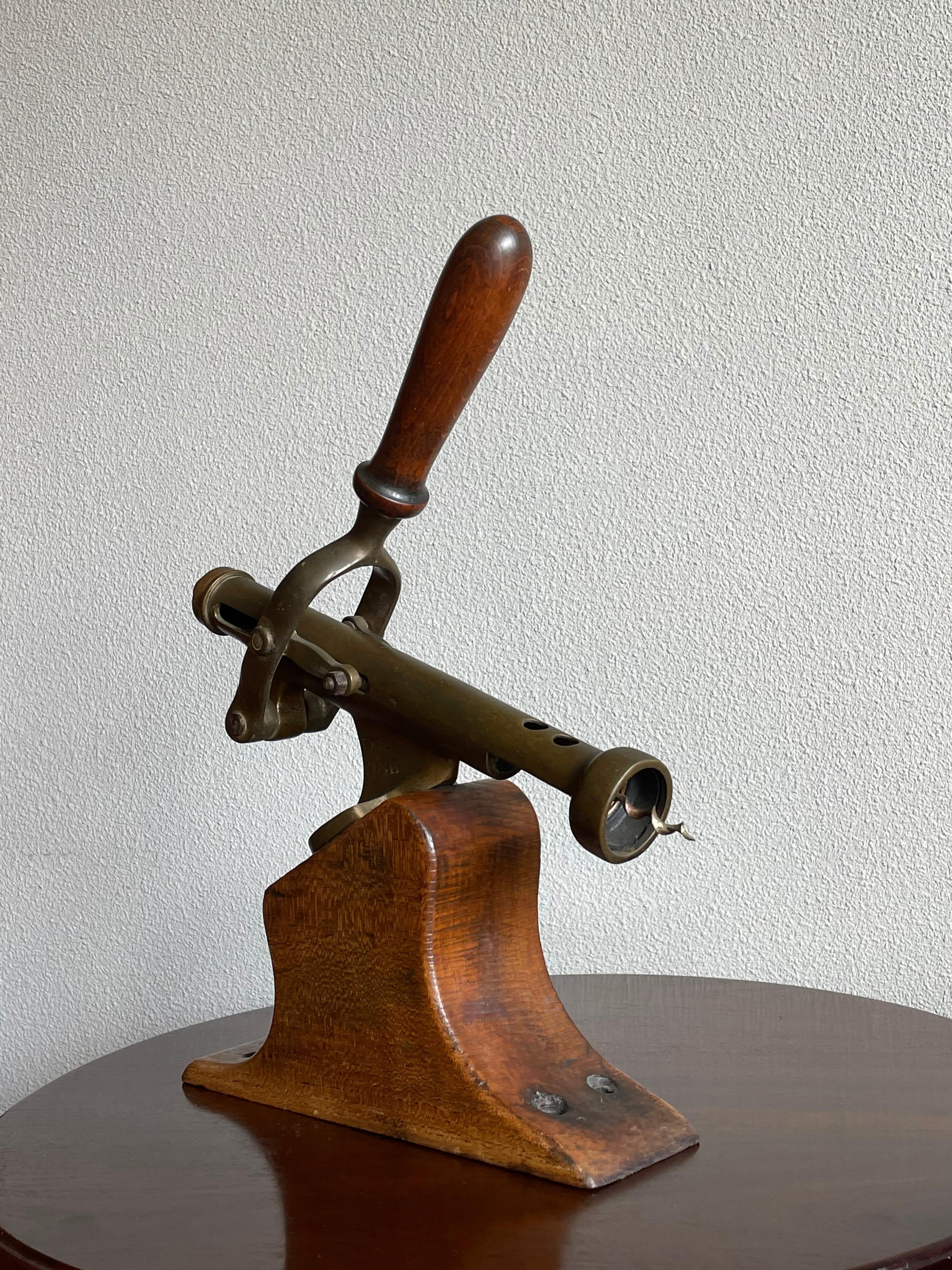 Antique Wooden & Solid Brass Bar Corkscrew for Wine Collectors, Marked The King 1