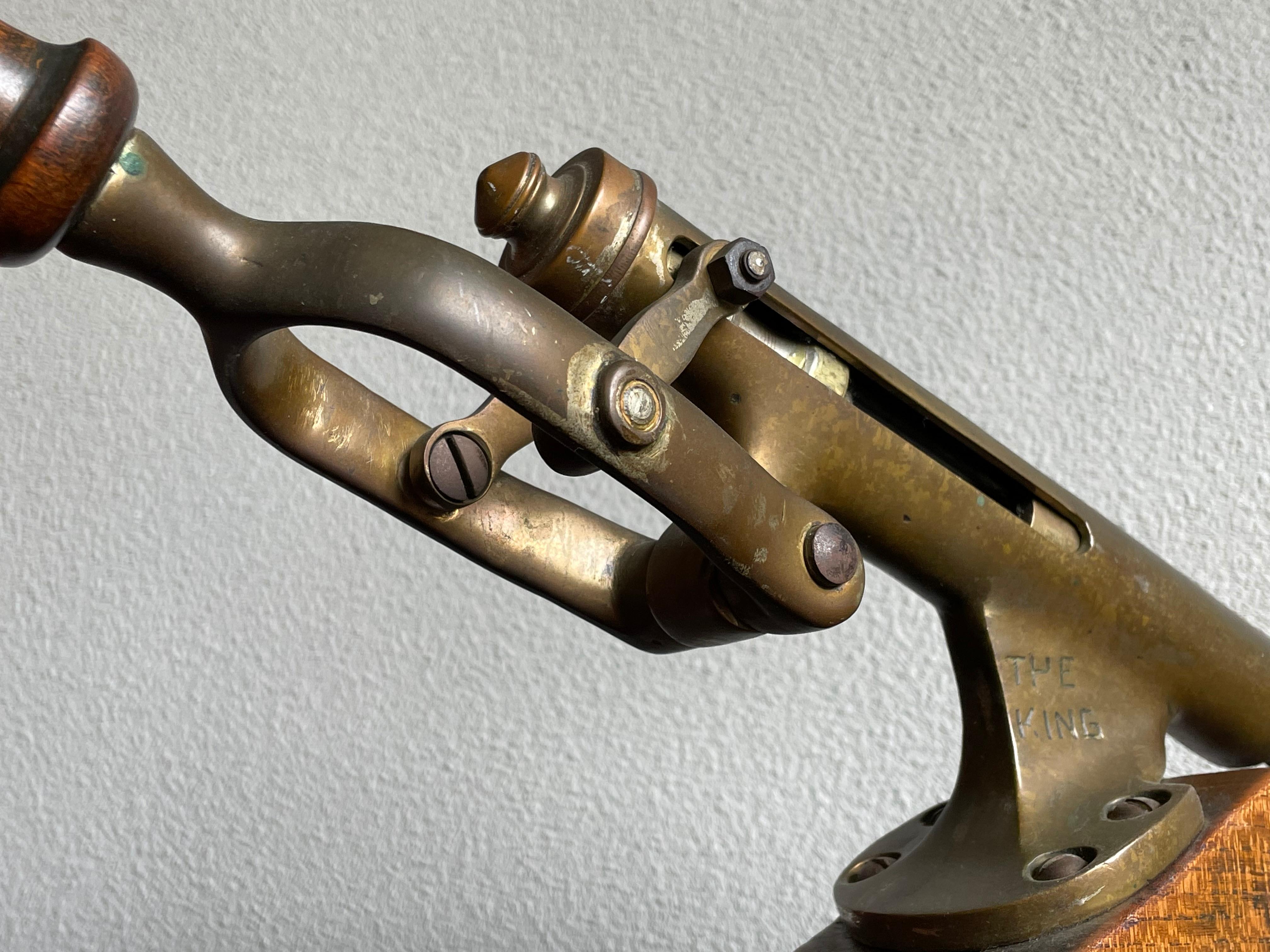 Industrial Antique Wooden & Solid Brass Bar Corkscrew for Wine Collectors, Marked The King