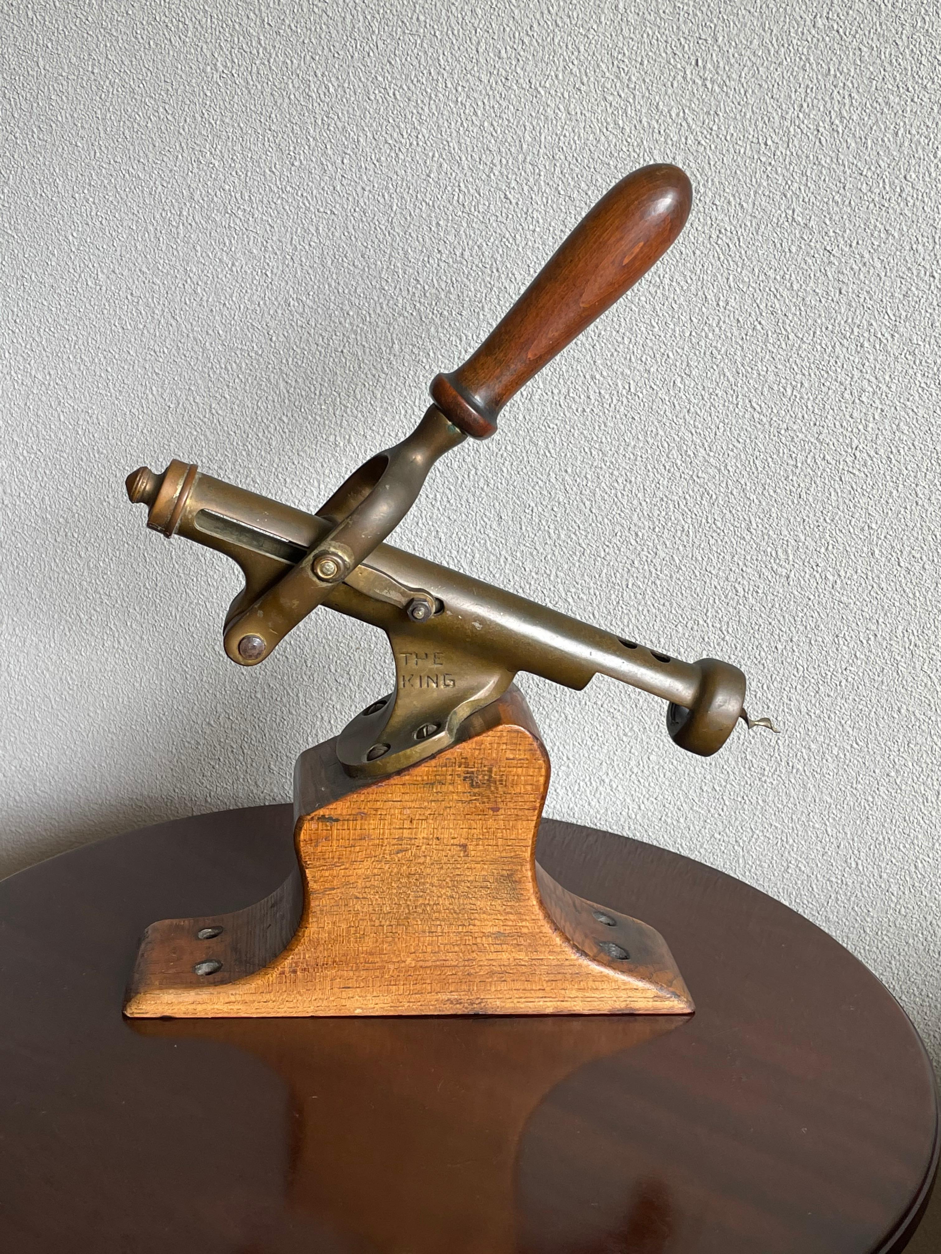Hand-Crafted Antique Wooden & Solid Brass Bar Corkscrew for Wine Collectors, Marked The King