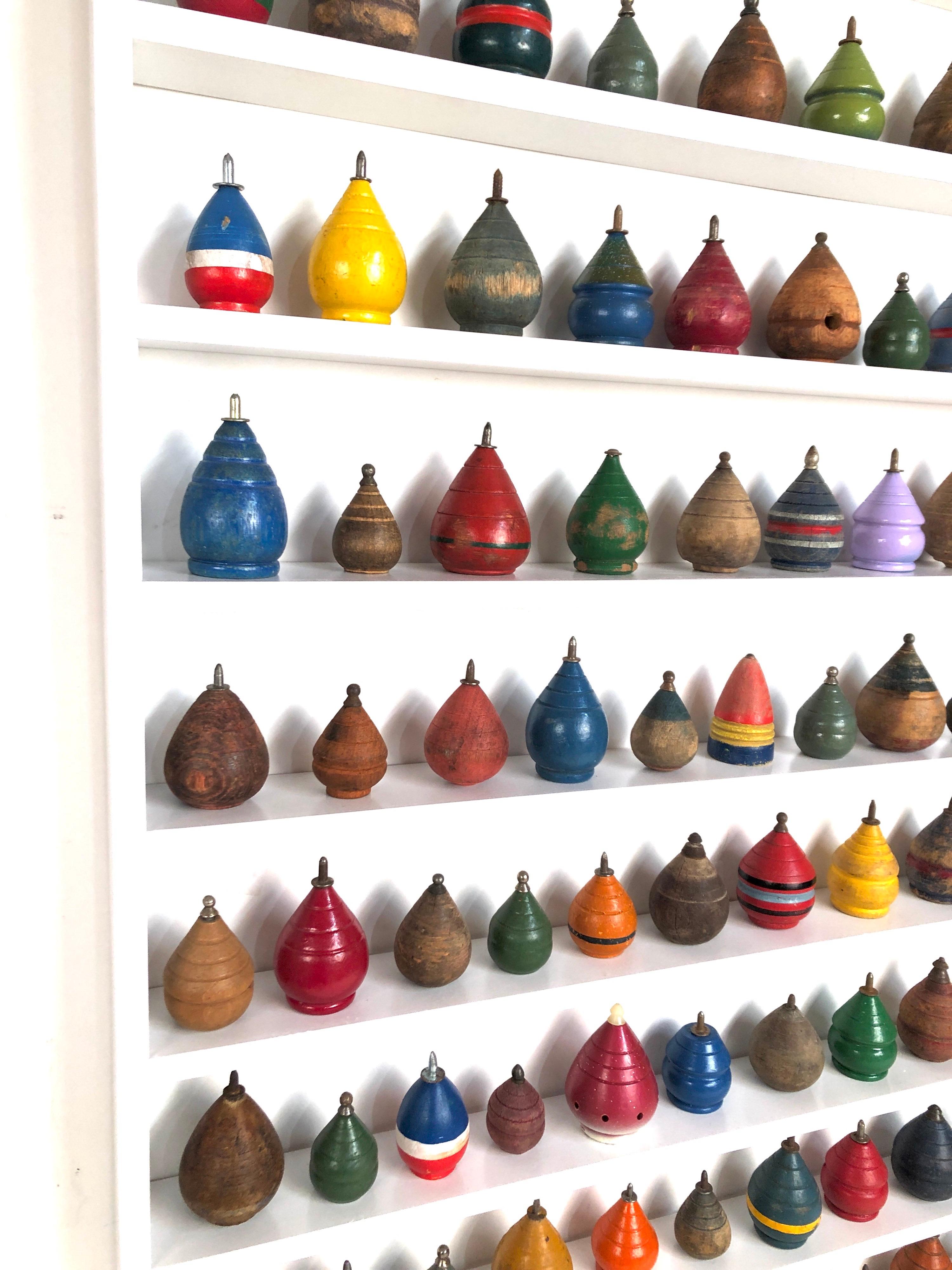 Turned Antique Wooden Spinning Top Collection Custom Display