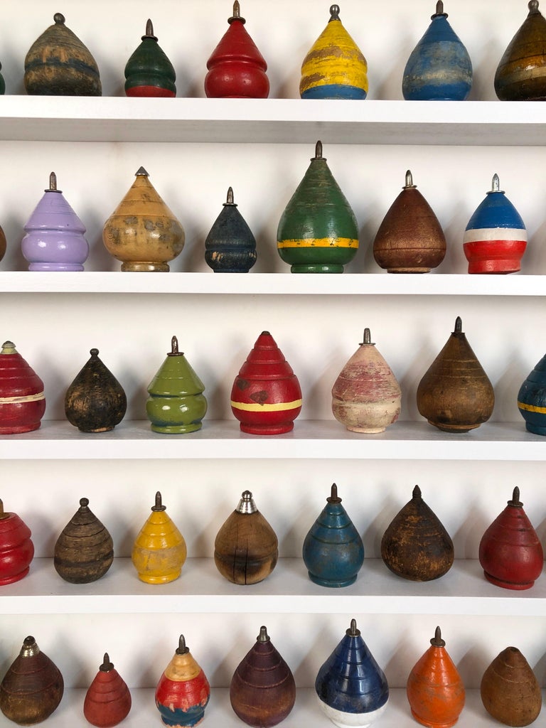 Antique Wooden Spinning Top Collection in Custom Made Wood Display at