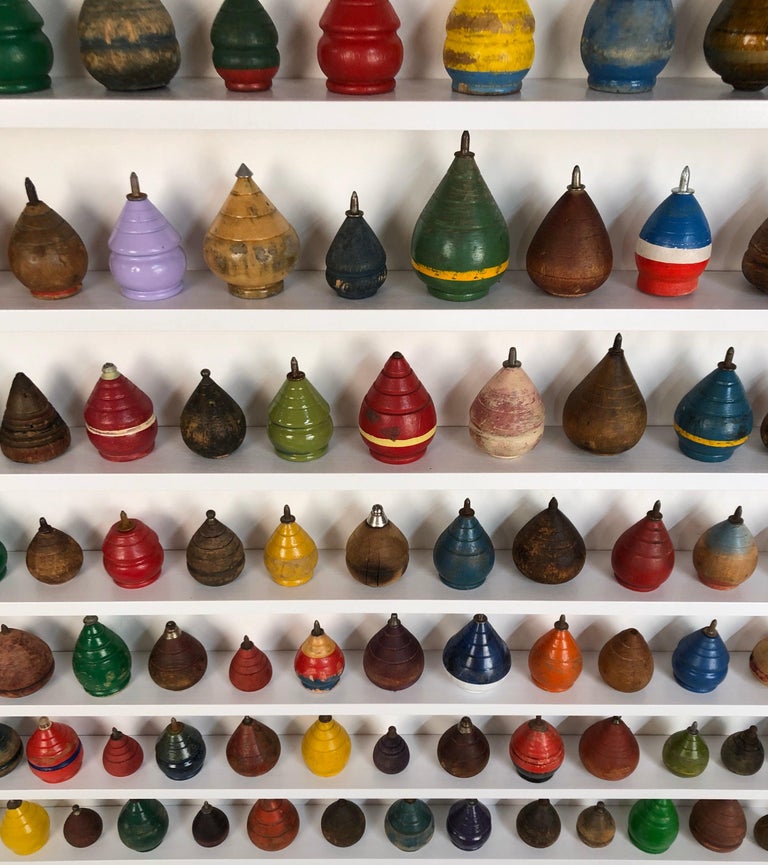 Antique Wooden Spinning Top Collection in Custom Made Wood Display at