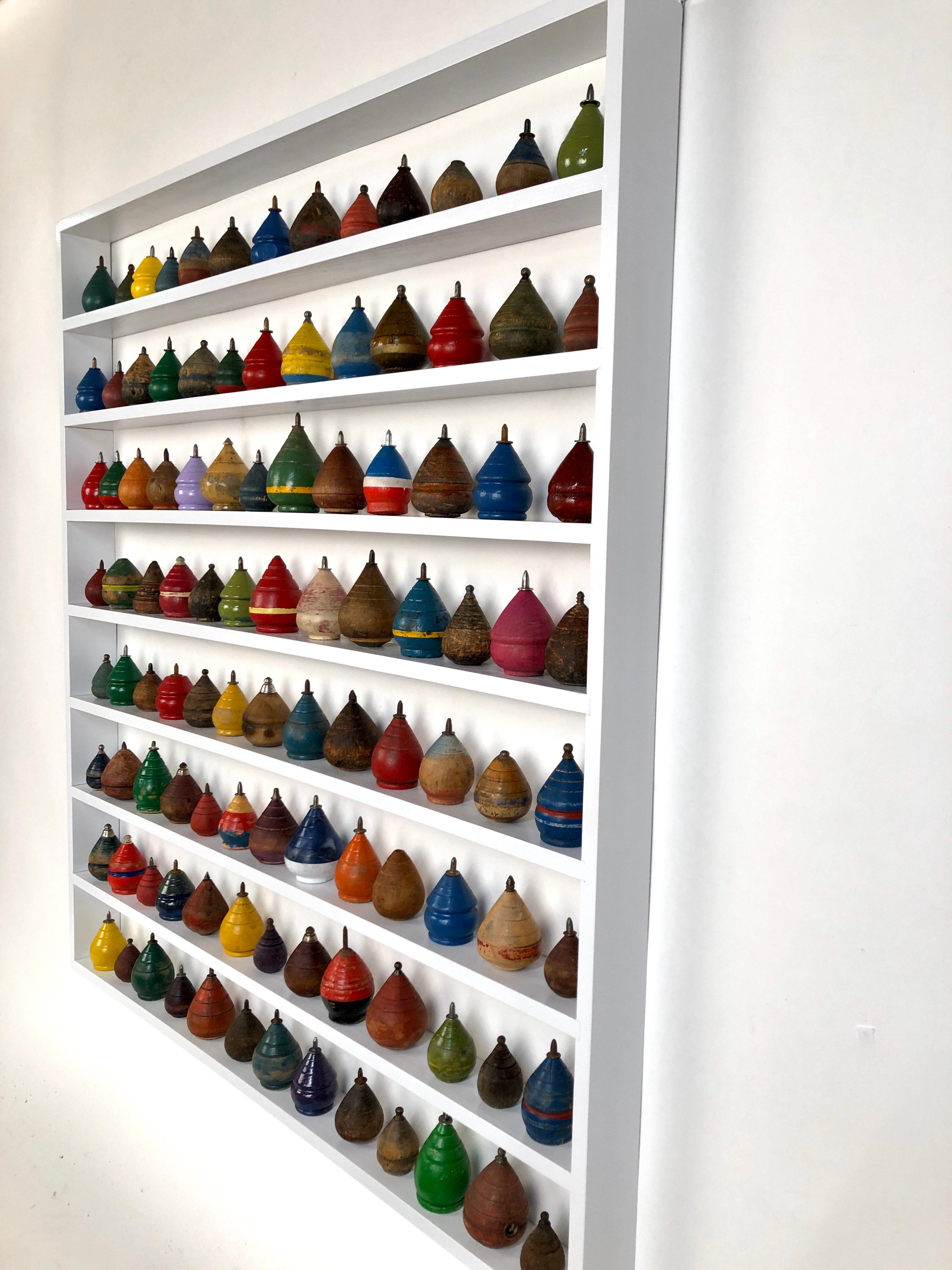 Folk Art Antique Wooden Spinning Top Collection in Custom Made Wood Display