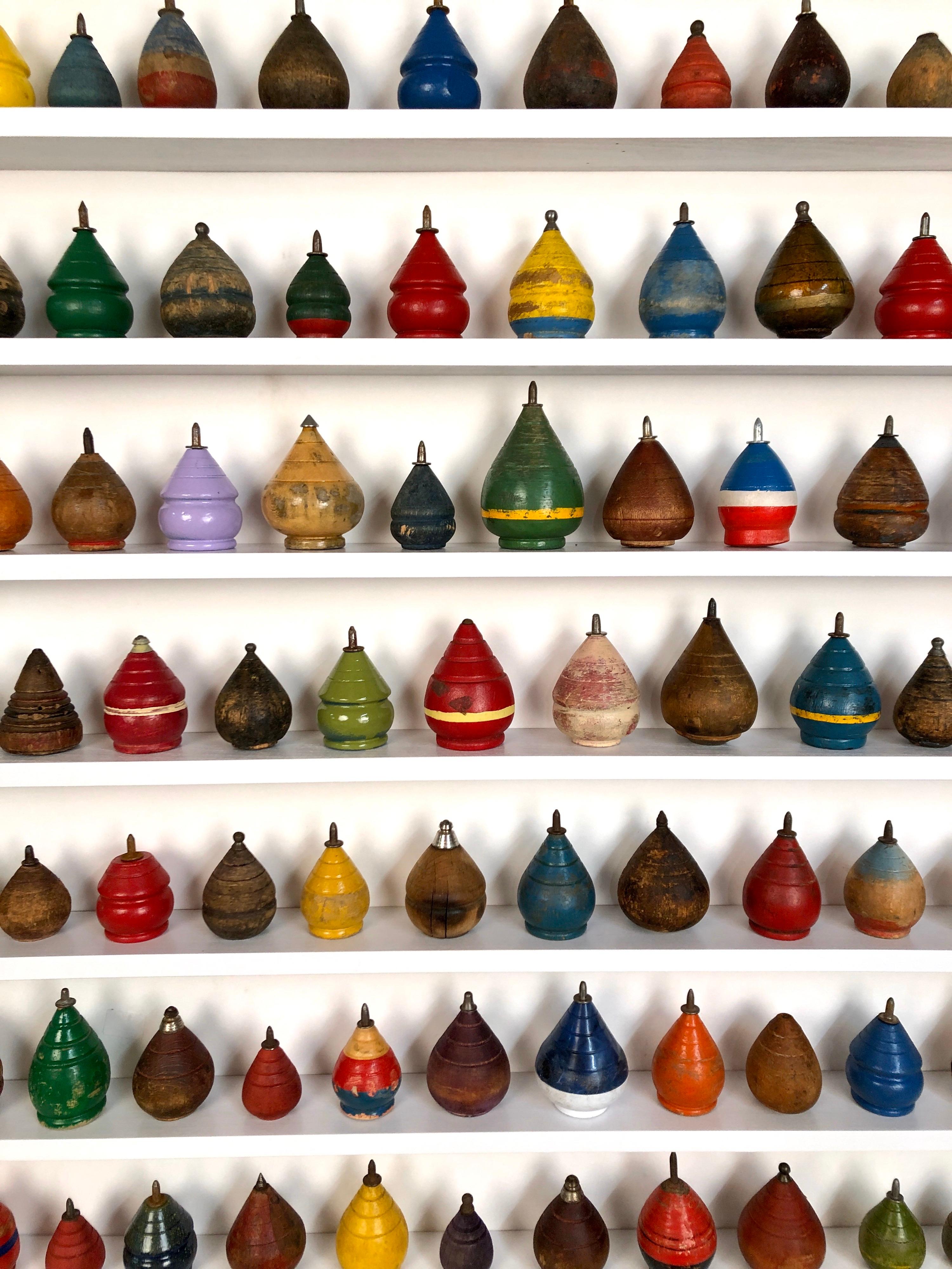 Antique Wooden Spinning Top Collection in Custom Made Wood Display In Good Condition In Manhasset, NY