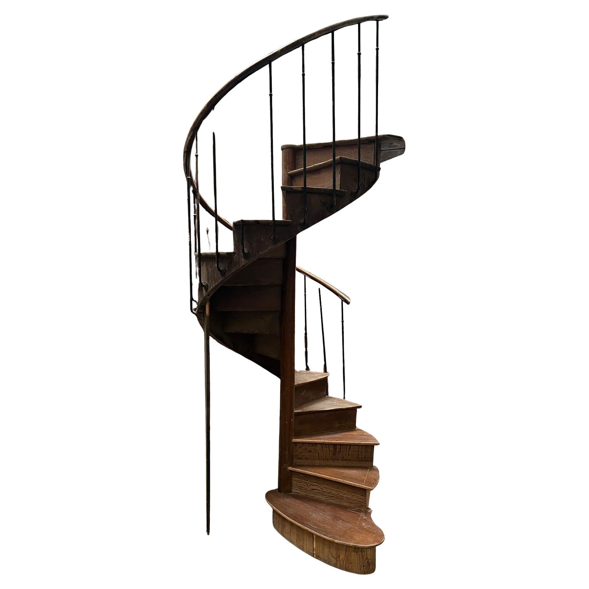 Antique Wooden Spiral Staircase with Iron Balustrade, France, circa 1900
