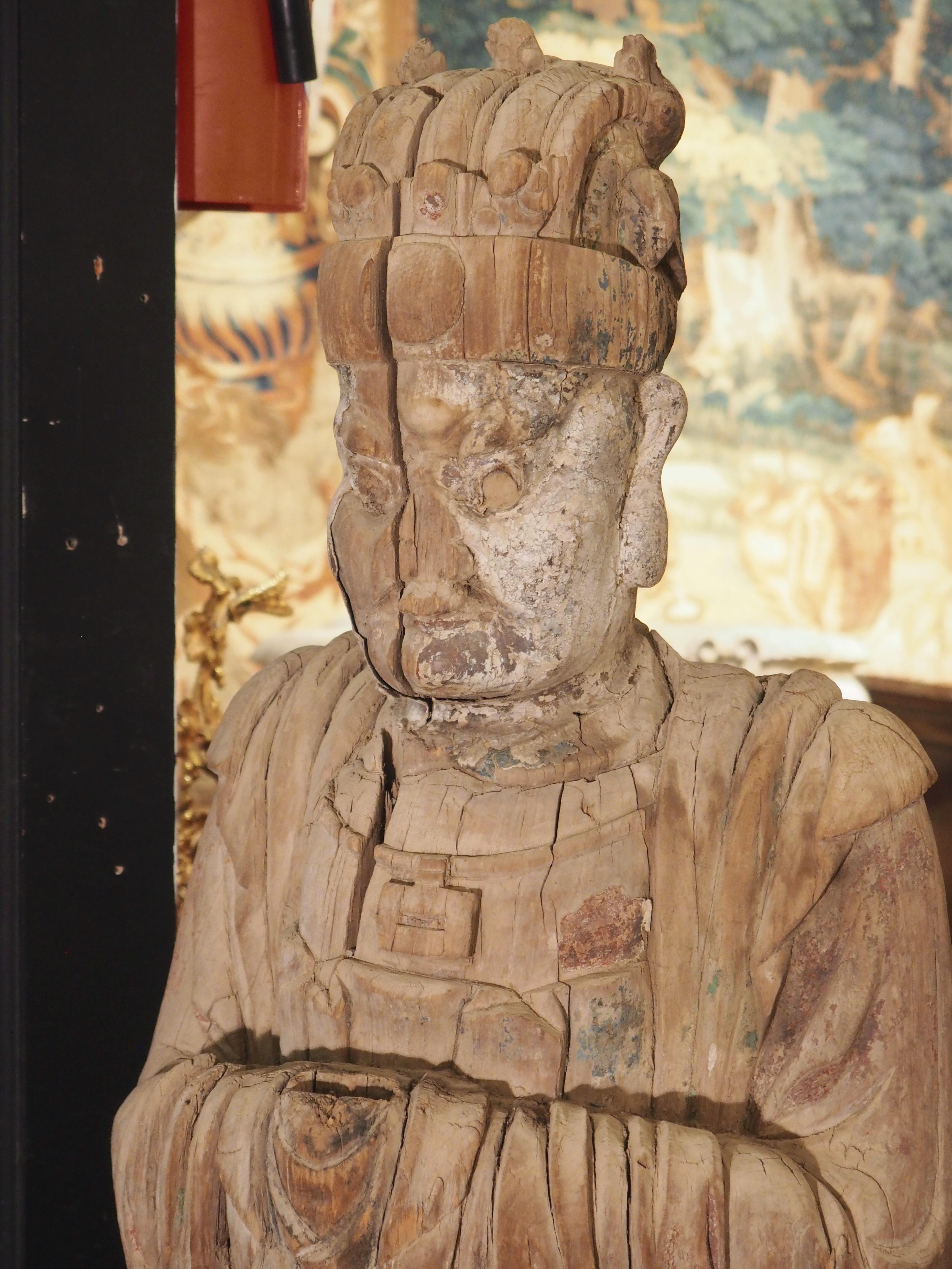 Antique Wooden Statue of Wenchang Wang, God of Literature and Culture In Fair Condition For Sale In Dallas, TX