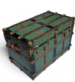 Antique Wooden Steamer Trunk with Brass Hardware and Lift-Out Tray
