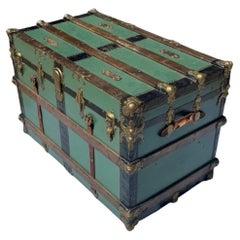 Antique Wooden Steamer Trunk with Brass Hardware and Lift-Out Tray