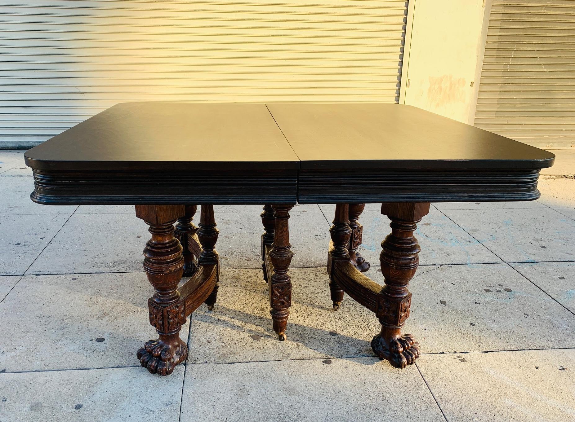 Antique Wooden Table with Carved Lion Paws and 4 Leaves 11