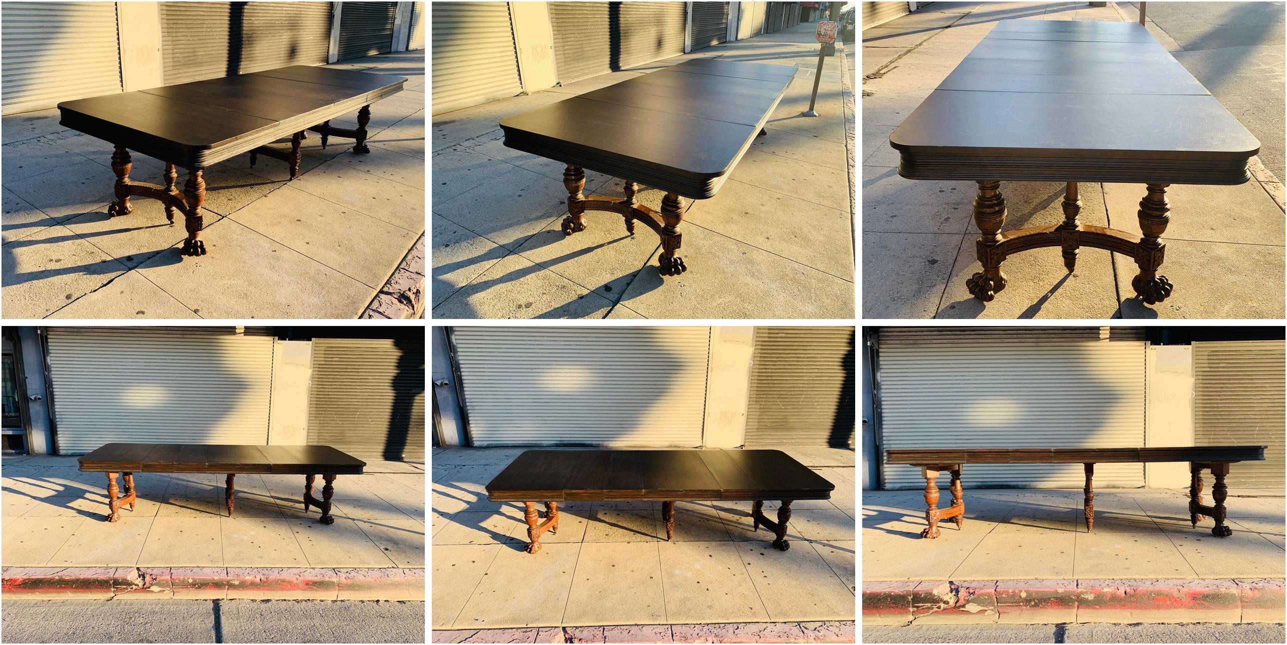 Antique Wooden Table with Carved Lion Paws and 4 Leaves In Good Condition In Los Angeles, CA