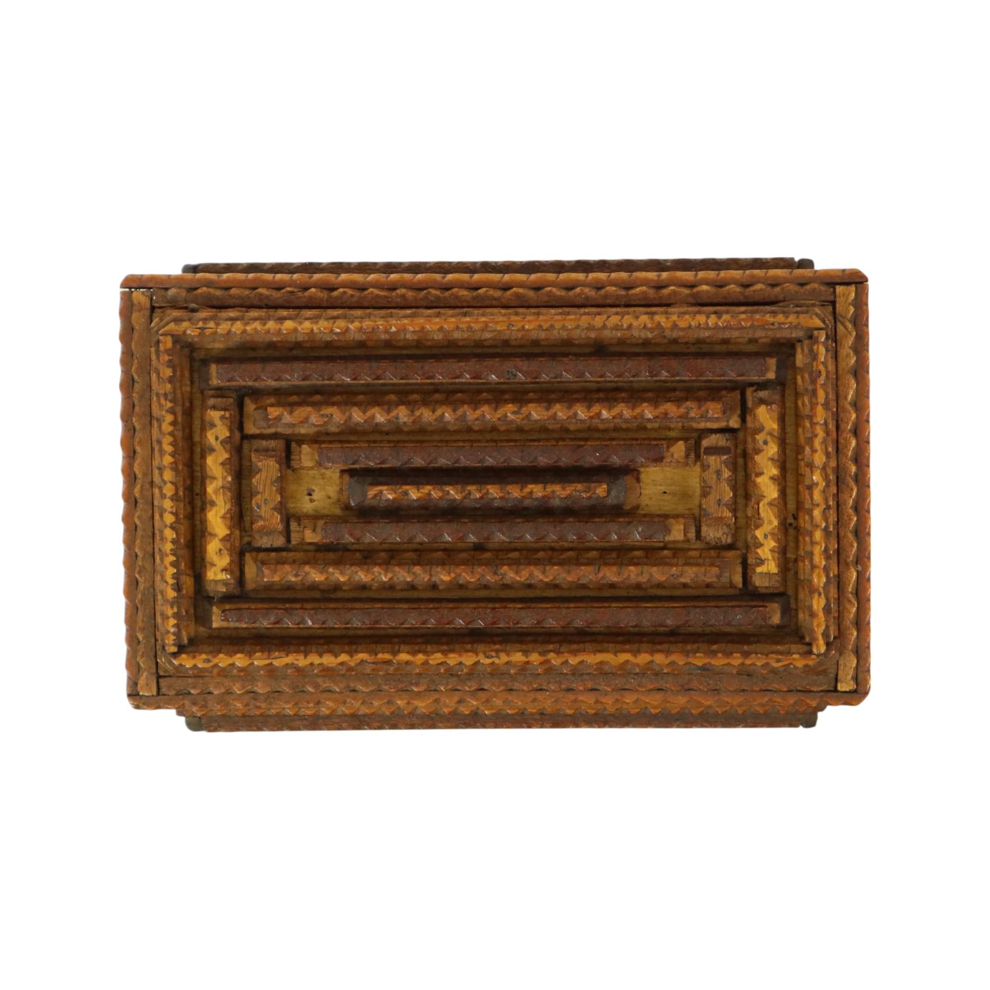 Antique Wooden Tramp Art Box Jewelry Case Trinket Folk Art 5