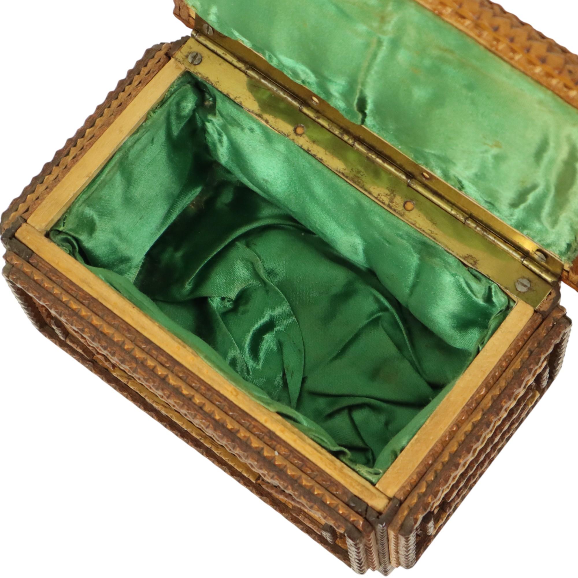 European Antique Wooden Tramp Art Box Jewelry Case Trinket Folk Art