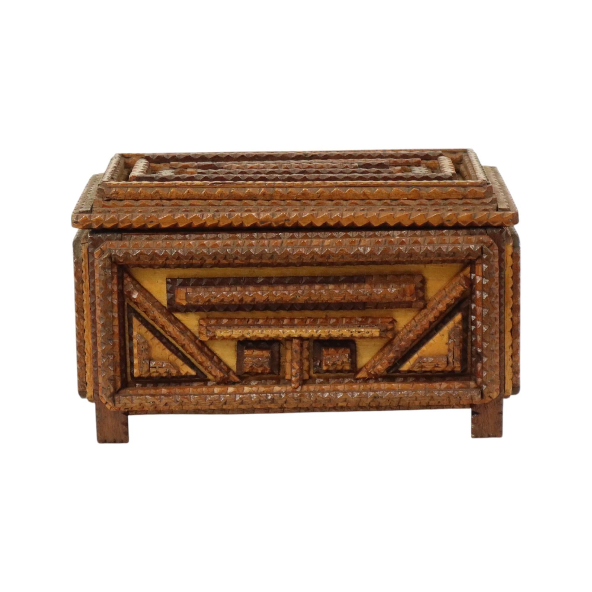 Hand-Carved Antique Wooden Tramp Art Box Jewelry Case Trinket Folk Art