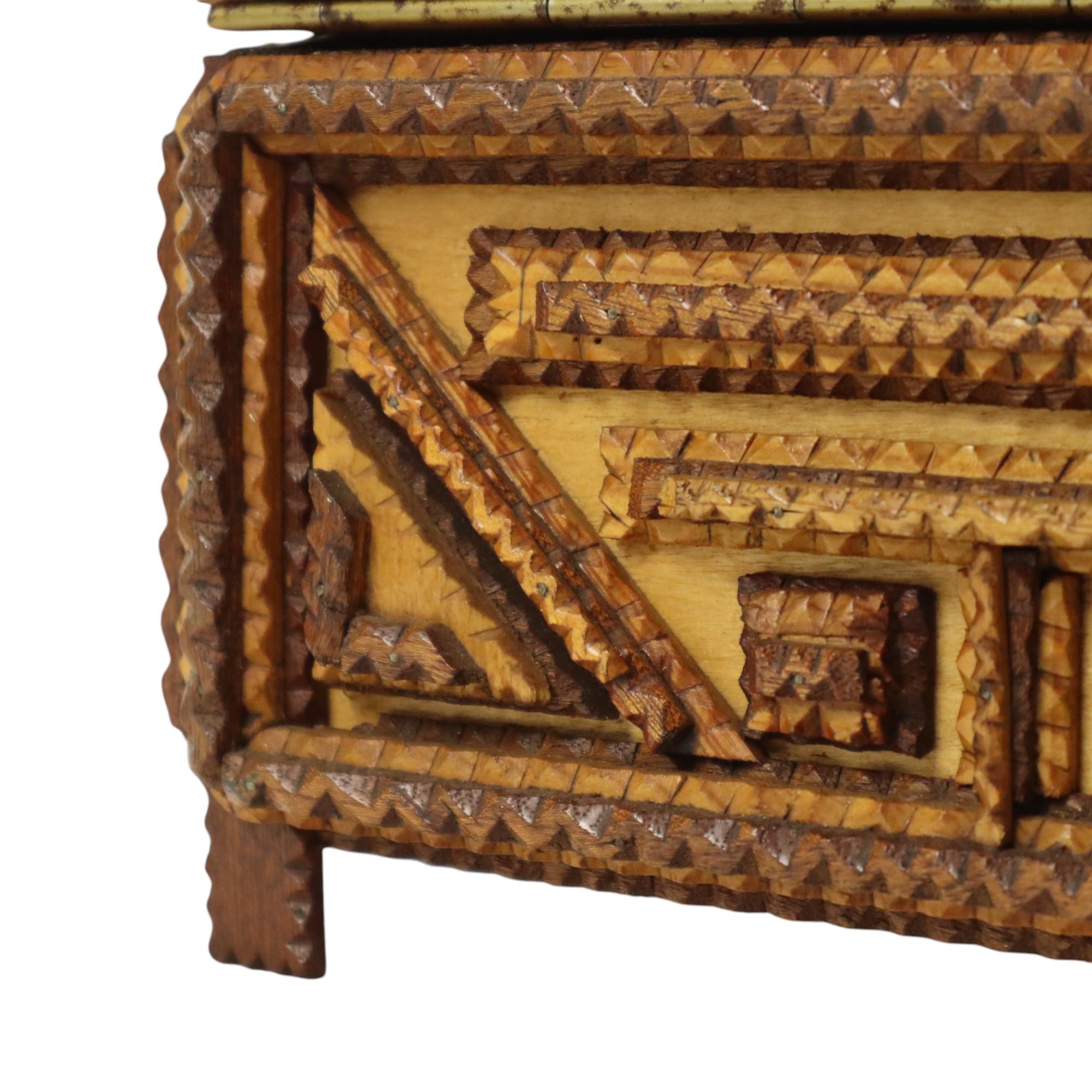 Antique Wooden Tramp Art Box Jewelry Case Trinket Folk Art 2