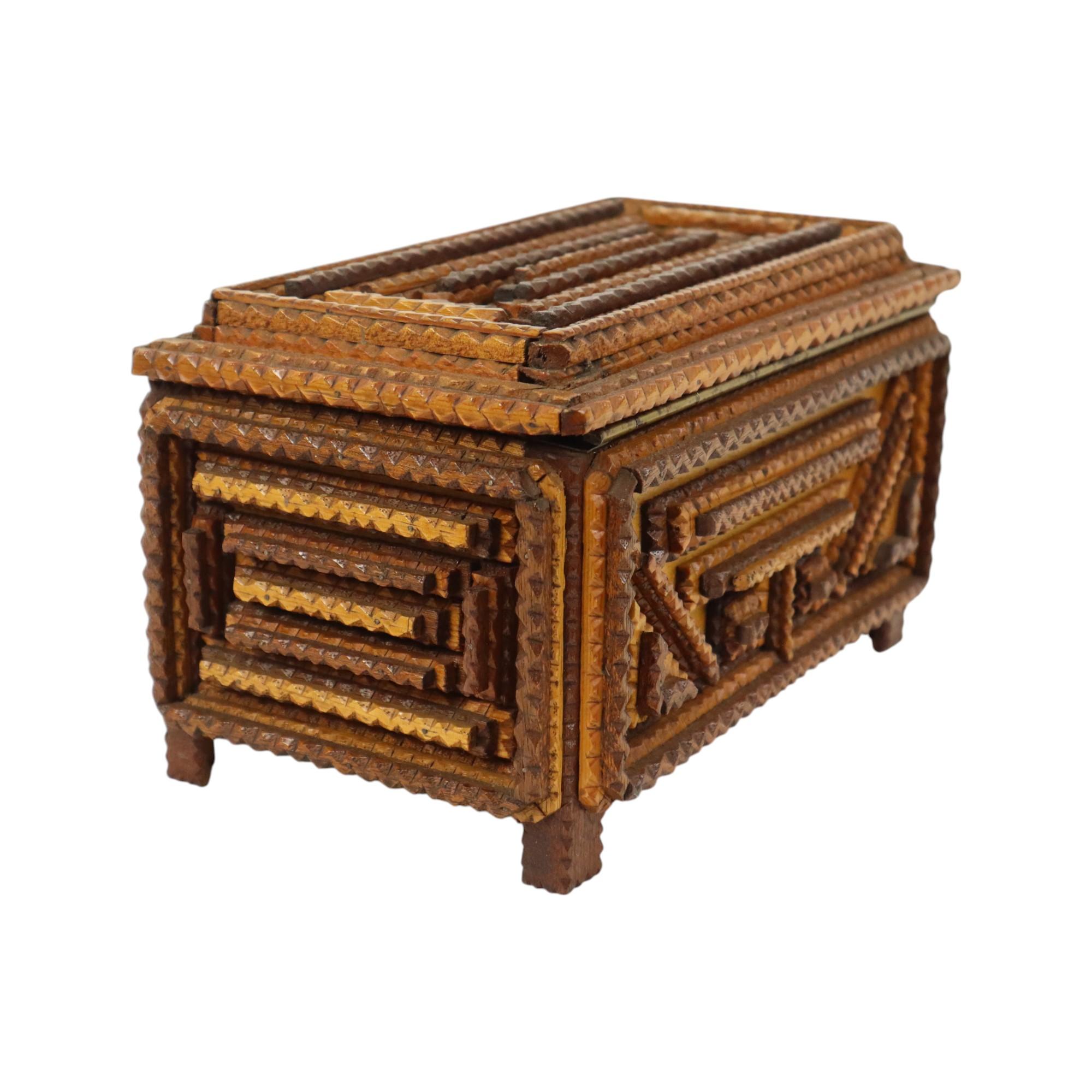 Antique Wooden Tramp Art Box Jewelry Case Trinket Folk Art 3