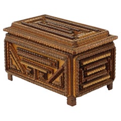 Antique Wooden Tramp Art Box Jewelry Case Trinket Folk Art