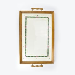 Antique Wooden Tray with Hand-Painted Ceramic Tile Inlay & Handles