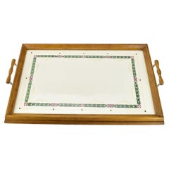 Antique Wooden Tray with Hand-Painted Ceramic Tile Inlay & Handles