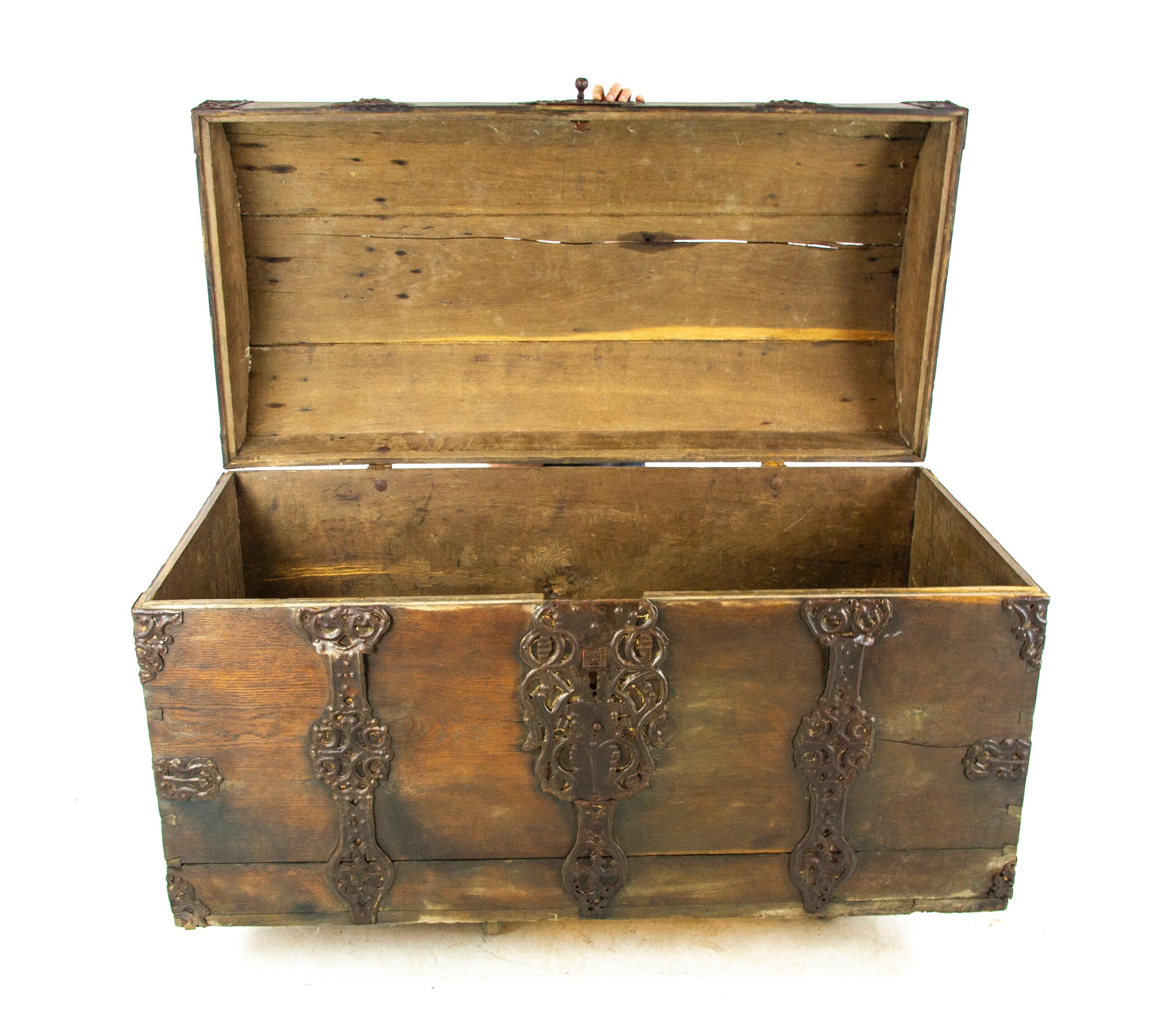 Antique wooden trunk, 18th century oak German dome top wooden coffer, Antique furniture, Germany 1780, B1500

Germany 1780
Solid oak construction
Original finish
Splits to the top are due to age related shrinkage
Decorated with metal straps and
