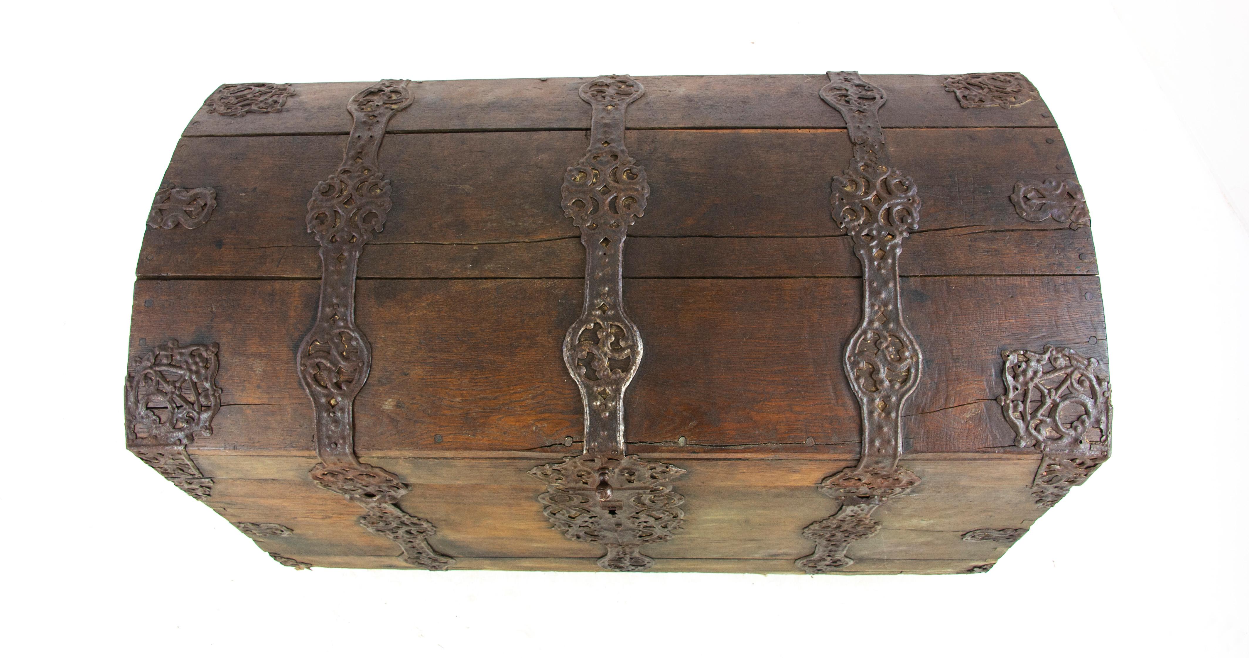 Hand-Crafted Antique Wooden Trunk, 18th Century Oak Dome Top Coffer, Germany 1780, B1500