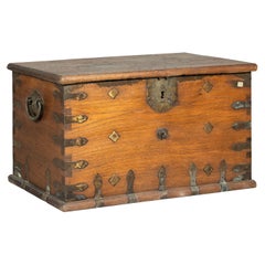 Used Wooden Trunk with Ornamental Metalwork and Brass Hardware