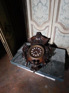 Antique Wooden Wall Clock, Brown Richly Decorated, 1800, Italy