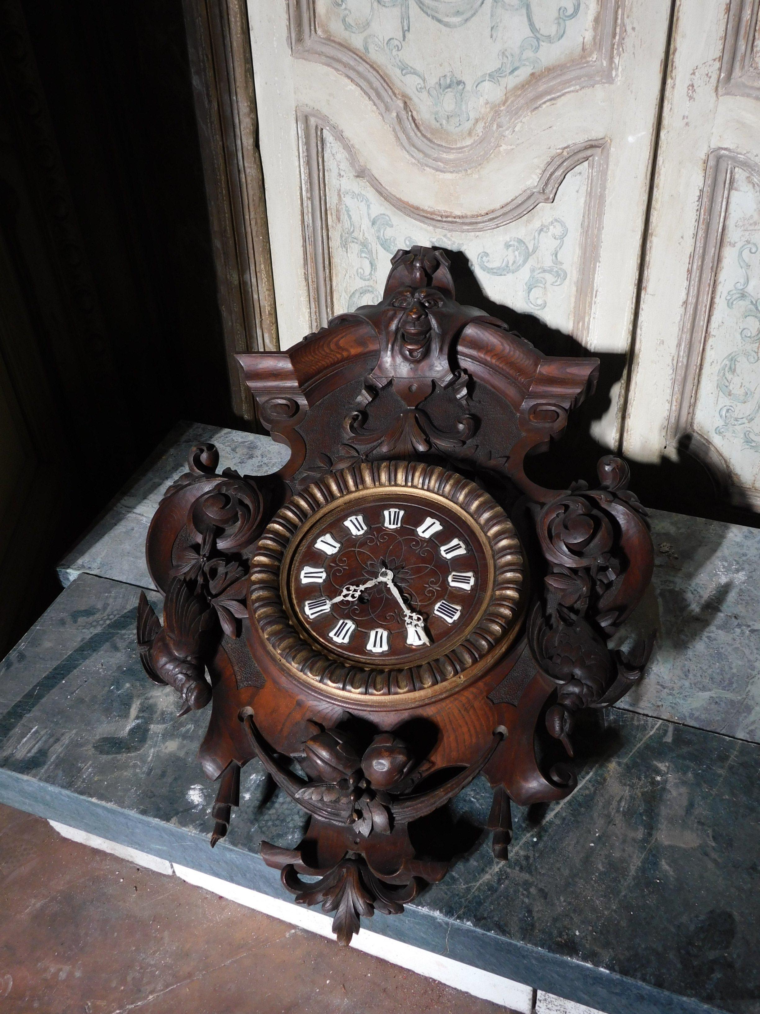 Italian Antique Wooden Wall Clock, Brown Richly Decorated, 1800, Italy