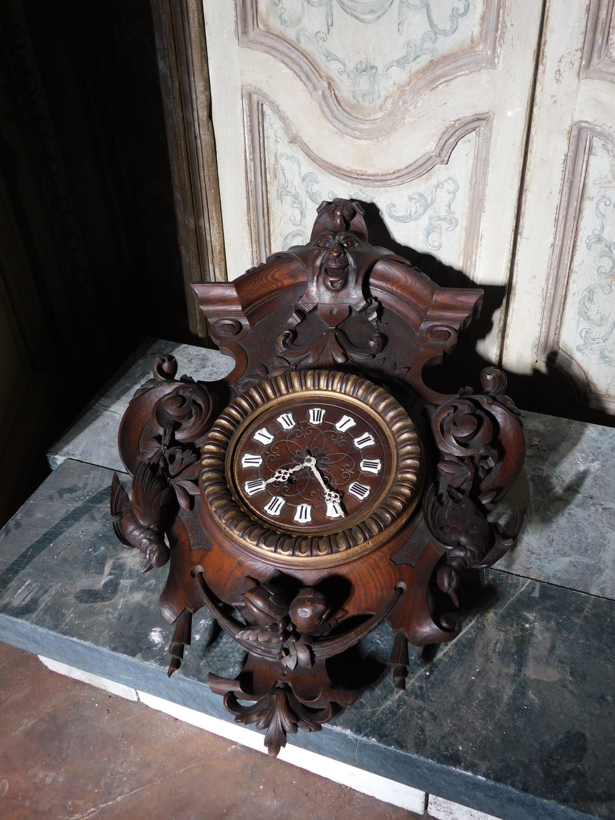 Hand-Carved Antique Wooden Wall Clock, Brown Richly Decorated, 1800, Italy
