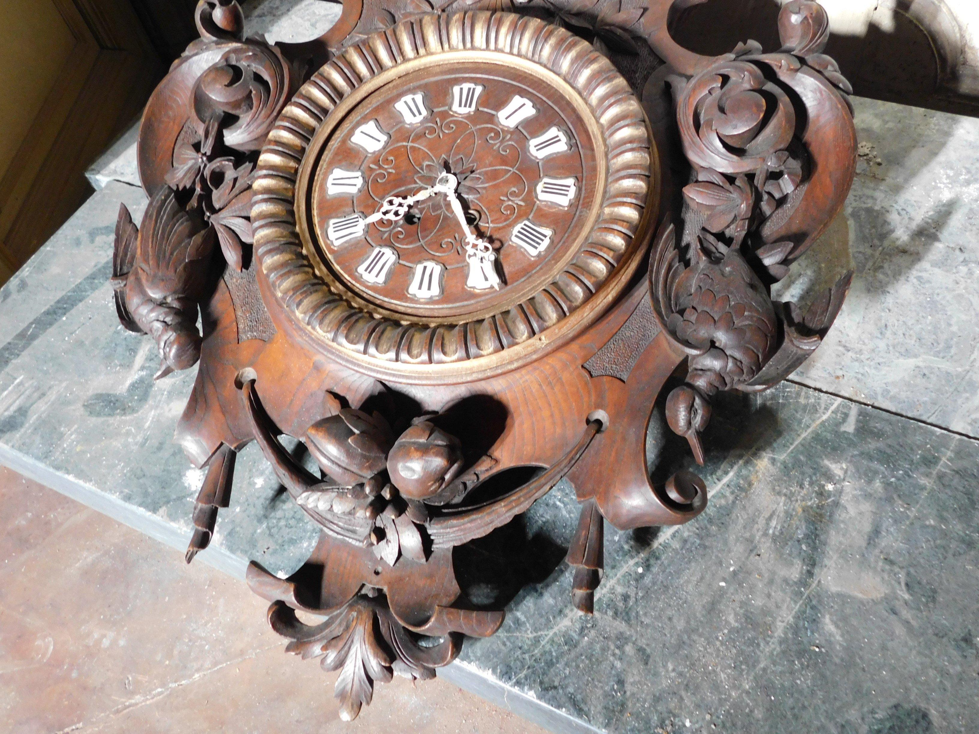 Antique Wooden Wall Clock, Brown Richly Decorated, 1800, Italy 2