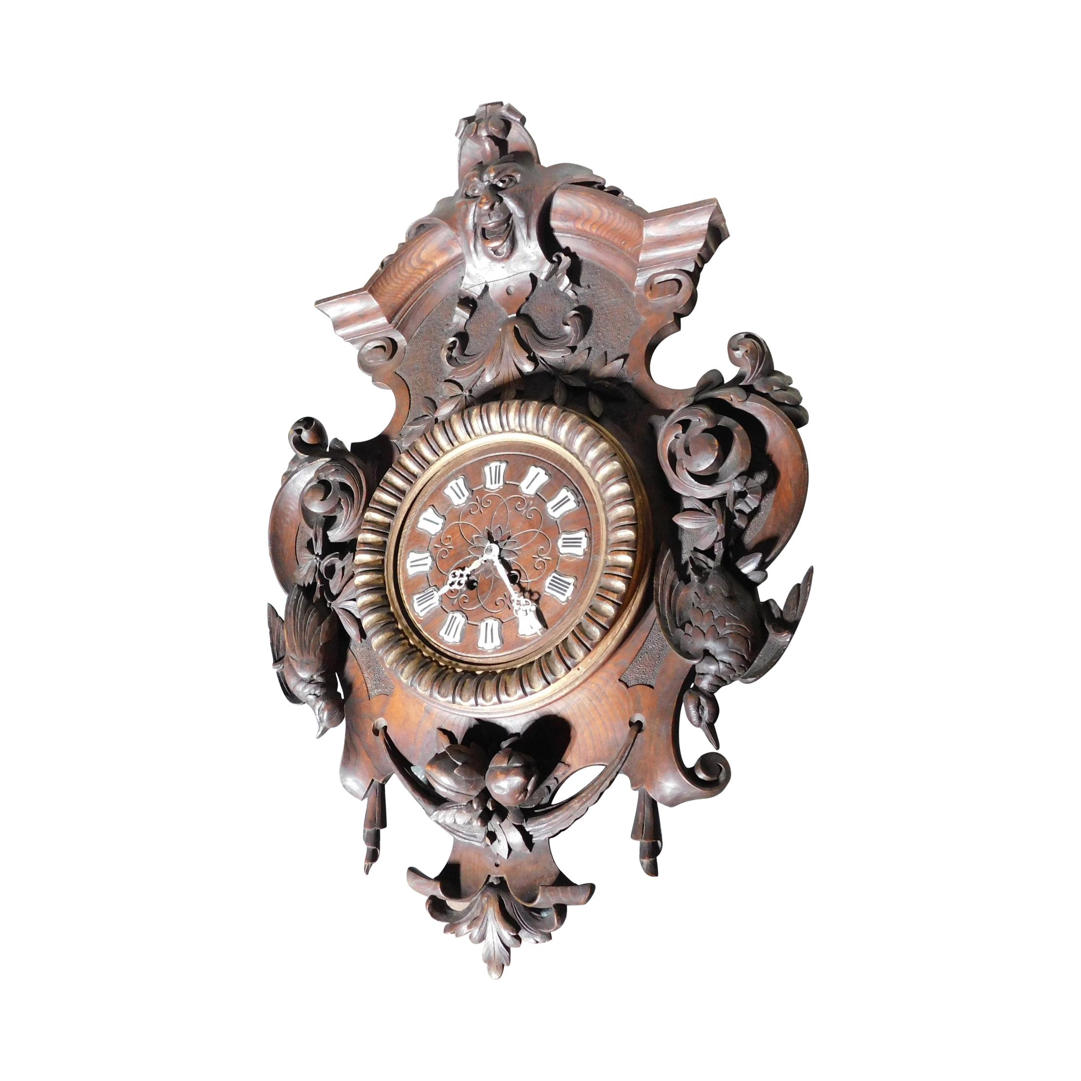 Antique Wooden Wall Clock, Brown Richly Decorated, 1800, Italy