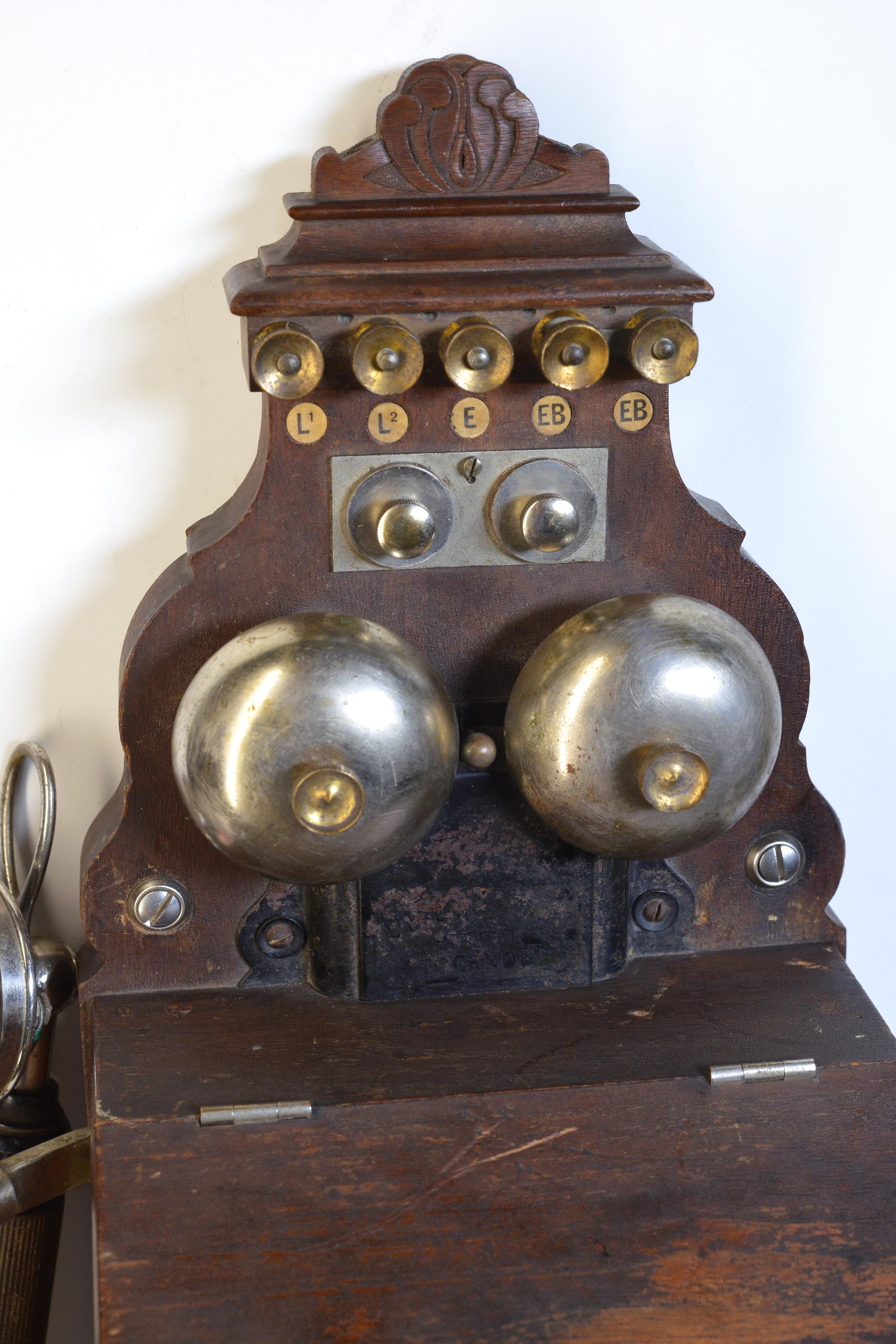 Hand-Crafted Antique Wooden Wall telephone L.M. Ericsson AB120 Crank Magneto  For Sale